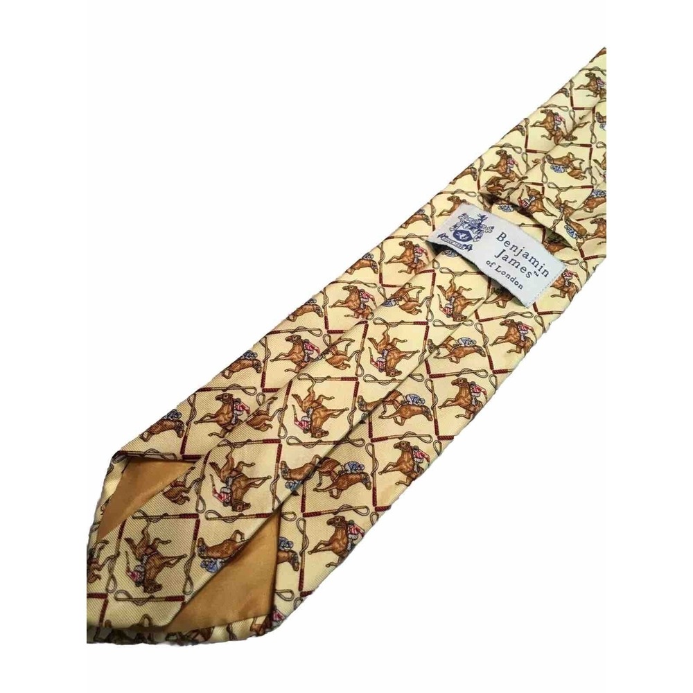 Benjamin James Makers & Merchants Mens 100% Silk Necktie Yellow Horse Jockey Tie - Picture 4 of 5